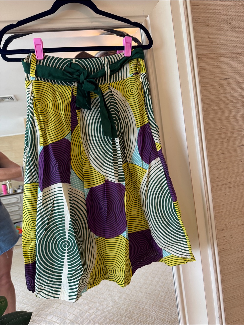 Chaudry Green & Purple Printed A-Line Skirt with Waist Tie
